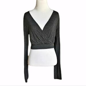 Forever 21 Grey Faux Wrap V-neck Long Sleeve Crop Top Cropped Blouse Large